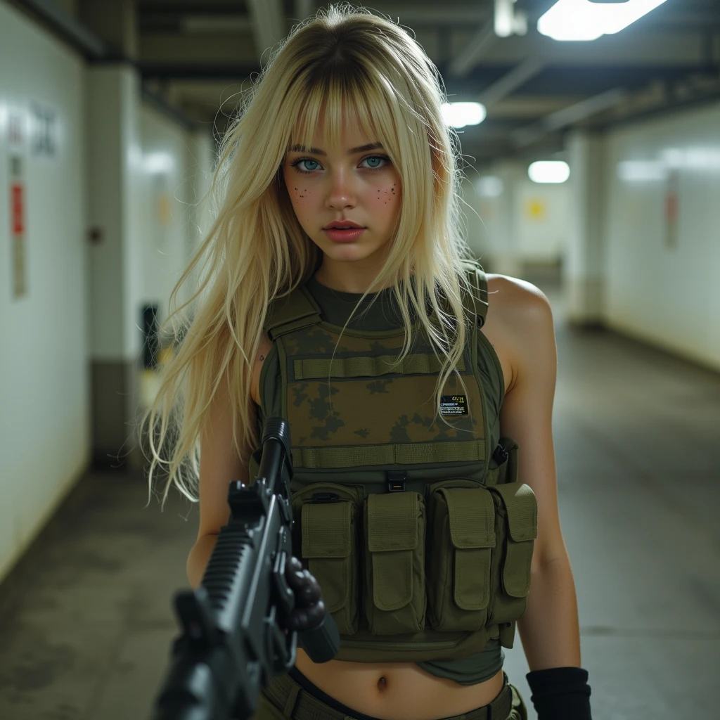 1 girl, military camo outfit, sand, blonde hair, ponytail, brown eyes, female waist, solo, freckles, full body,