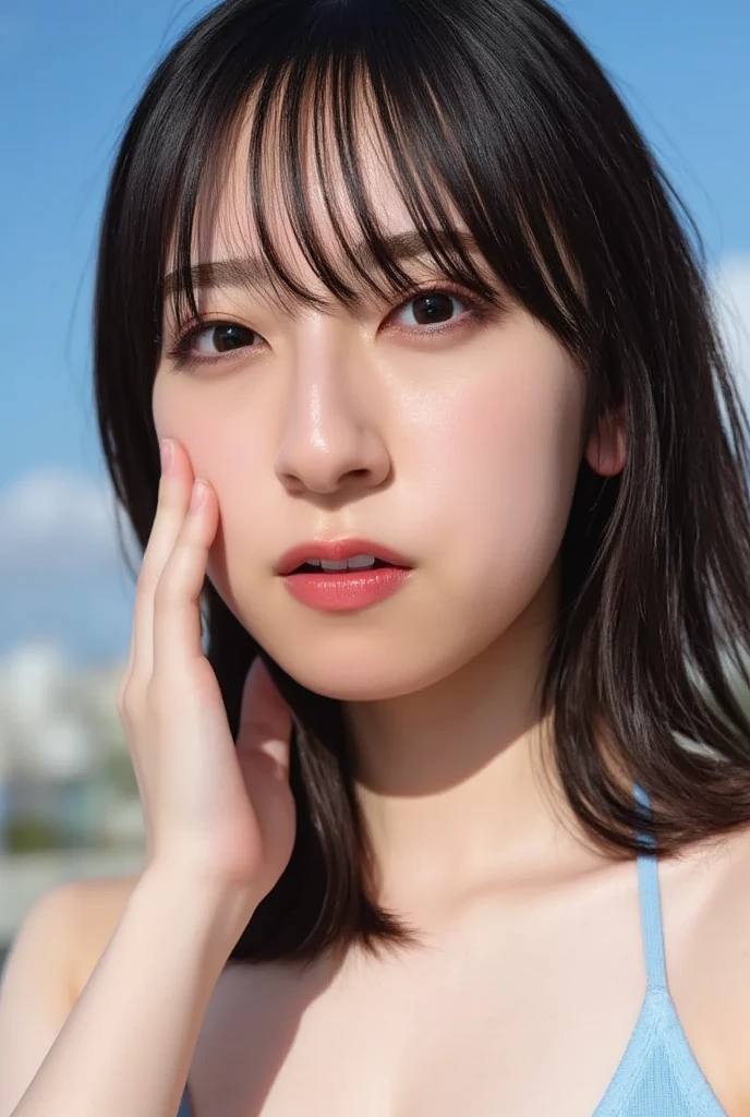 20 year old cute Japan woman, ((Extremely precise and accurate anatomy:1.0)), (Highest quality realistic skin textures:1.6), clean and glowing skin, Thin Skin, mesh, (Enhances the beauty of skin texture:1.2), ((((The texture of each individual hair, long and delicate lashes, Beautifully trimmed eyebrows, Facial pores, Detail of blood vessels in the white of the eye, Thin and visible capillaries in the skin)))), (Realistic as a photo:1.4), (Very realistic:1.4), (Improvement of quality:1.4), Realistic lighting, Backlight, A gentle light that illuminates the face, Ray Tracing, Bright light, (Smoother lighting:1.05), (Improving the quality of cinema lighting:0.9), 32k, fine grain, Detailed face, (Film Grain:1.1), (Natural smile:0), Accentuates body lines, High resolution, Natural look, Kind eyes, Delicate light and shadow, Clear skin, Graceful Pose, Beautiful Eyes, Sharp details, Soft light reflection, Beautiful contours, Delicate skin tone, Natural background, Natural poses in everyday situations, Extremely fine detail, Lora Style