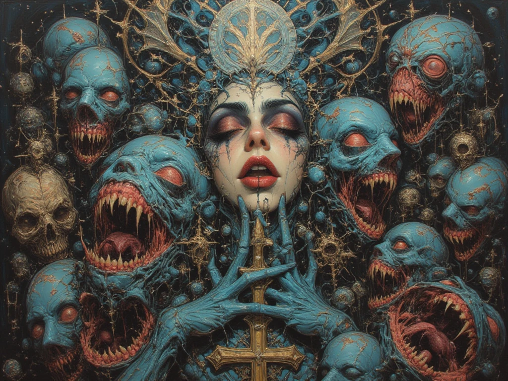 High Resolution, High Quality , Masterpiece .Hyper-realistic ink drawing with surreal colors, elements of absurdity in the style of Gerald Brom featuring post mortems aflame as a reference to tim Burton,bloodletting, broken hearts, pillls, and hemoglobin bubbles ascending into a firie sky, chiaroscuro lighting enhancing symbols of departed love, a Ufo adorned with angels emitting an air of melancholy, atmospheric mood. Macabre horror,scary stories slight details, surrealism, expressionism 