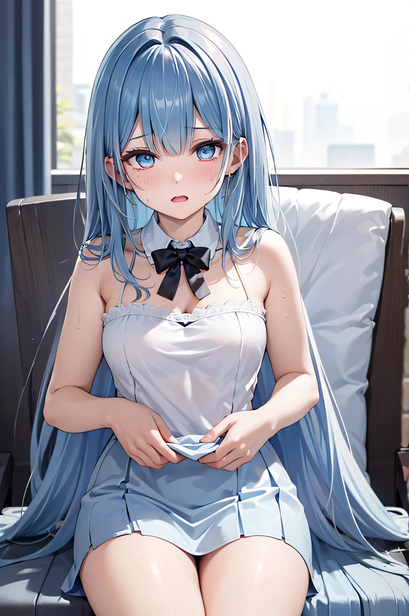 Anime girl with blue hair sitting on a couch in a room - SeaArt AI