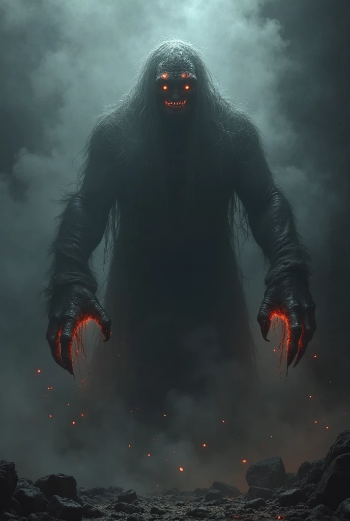 A creature with big hands and long fingers with red eyes in a dark forest 