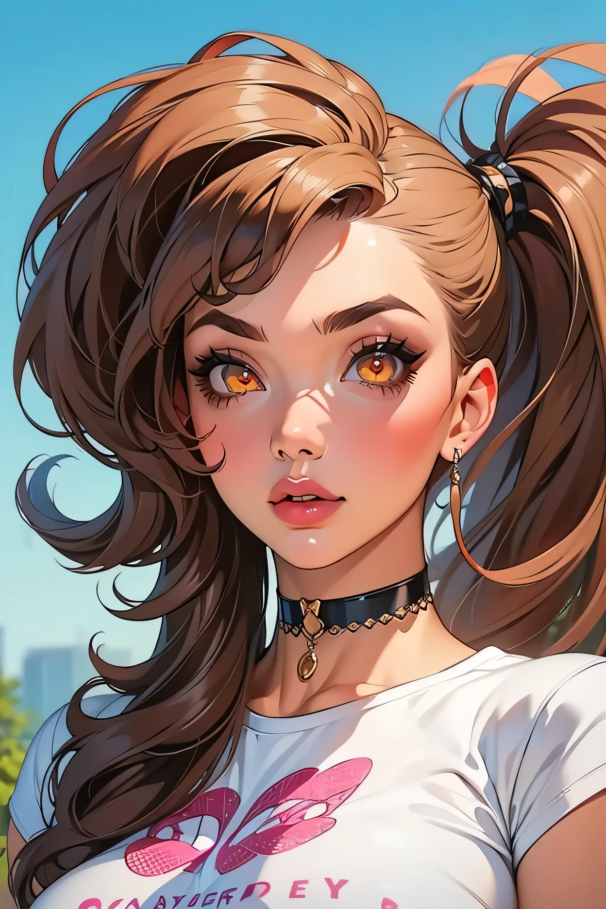 outdoors, 1girl, long hair, slick back side ponytail, brown hair, black eyebrows, thin eyebrows, pink eyeshadows, black eyeliners, big eyes, glowing golden eyes, thick lipstick, perfect face, beautiful girl, (t-shirt, black t-shirt), medium breasts, black choker, looking at viewer