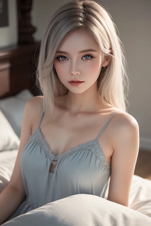8K, highest quality, RAW photo, ultra high resolution silver blonde silver hair cool beauty thin eyebrows alone droopy eyes glamorous mouth See-through coordination huge breasts Huge valley beautiful butt avoid exposure as much as possible Please show me your whole body light pink see-through fabric on the bed close your eyes wear an eye mask to cover your eyes Shoot from above while crawling on all fours, focusing on the waist