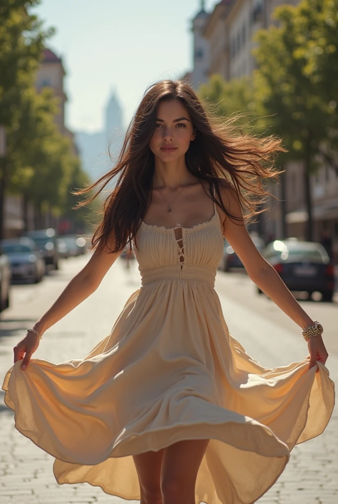 portrait photography 1girl dasha beautiful young woman with transparent western tunic dress,long_hair, realistic, eyes visible through hair, proper eye position, natural skin, backlight, cinematic light, rim light, soft light , hips, in night time, city side background, detailed color graded background, intricate , highly detail, octane render,HDR, HD, 8k, by Annie Leibovitz