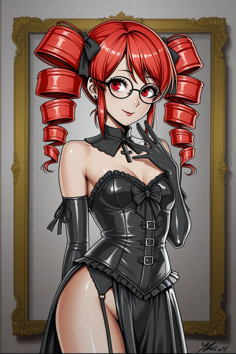 (Masterpiece, Best Quality, High Quality), (NSFW:1.2),cowboy shot, Nishikino maki, Red hair, purple eyes,ultra detail hair, ultra detail face, perfect eyes , big breasts,Wearing glasses, Wear corsets and stockings, strapless, bottomless ,naked pussy,bare breasts , hands on hips , smirk