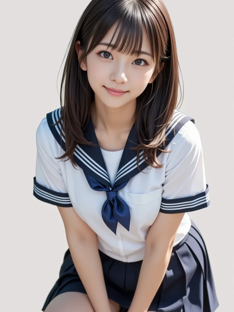 table top, highest quality, 8K, 16 years old, Ten generations, RAW photo, absurd, award-winning portraits, smile, smile, alone, daytime, idol face, violaces, delicate girl, Upper body, Digital single-lens reflex camera, looking at the viewer, Frank, Sophisticated, zora々right, thin arms, professional lighting, film grain, chromatic aberration, (Eye and face details:1.0), (Bokeh:1.1), (hyper pretty face:1.2)、(beautiful face:1.2), beautiful woman、Japan High School Girl Traditional Uniform、(white short sleeve sailor uniform:1.2), black haired、Middle straight hair、bangs、(Japanese)、short hair、