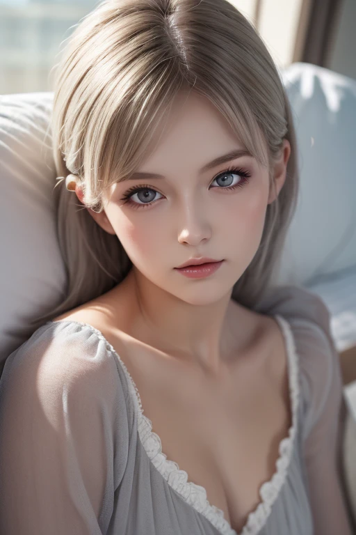 Blonde woman with big breasts posing on bed in white dress, soft portrait shot 8 k, kawaii realistic portrait, 8K Artgerm Bokeh, pale milky white porcelain skin, ig model | artgerm, porcelain white leather, soft portrait, hyper realistic anime, artwork in the style of guweiz, loish and wlop, ross tran 8 k