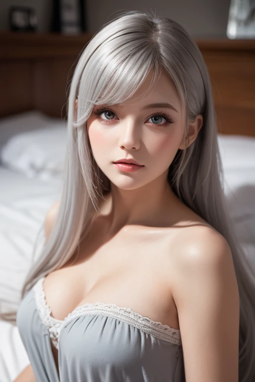 tmaesterpiece, 1girl, 18 years old, white hair, purple eyes, perfect skin, detailed, 5 star hotel, lace lingerie, perfect body, symmetrical, stylized, long stockings, on the bed, from above, highres, ABSURDRES, masterpiece, 4k --auto --s2