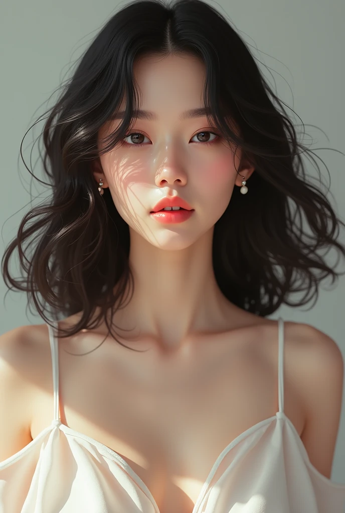 Masterpiece, best quality, realistic details, modern girl, curly hair, closed eyes, thick eyelashes, pink lips, upper body, ink wash style, traditional chinese ink painting,black and white ink painting
