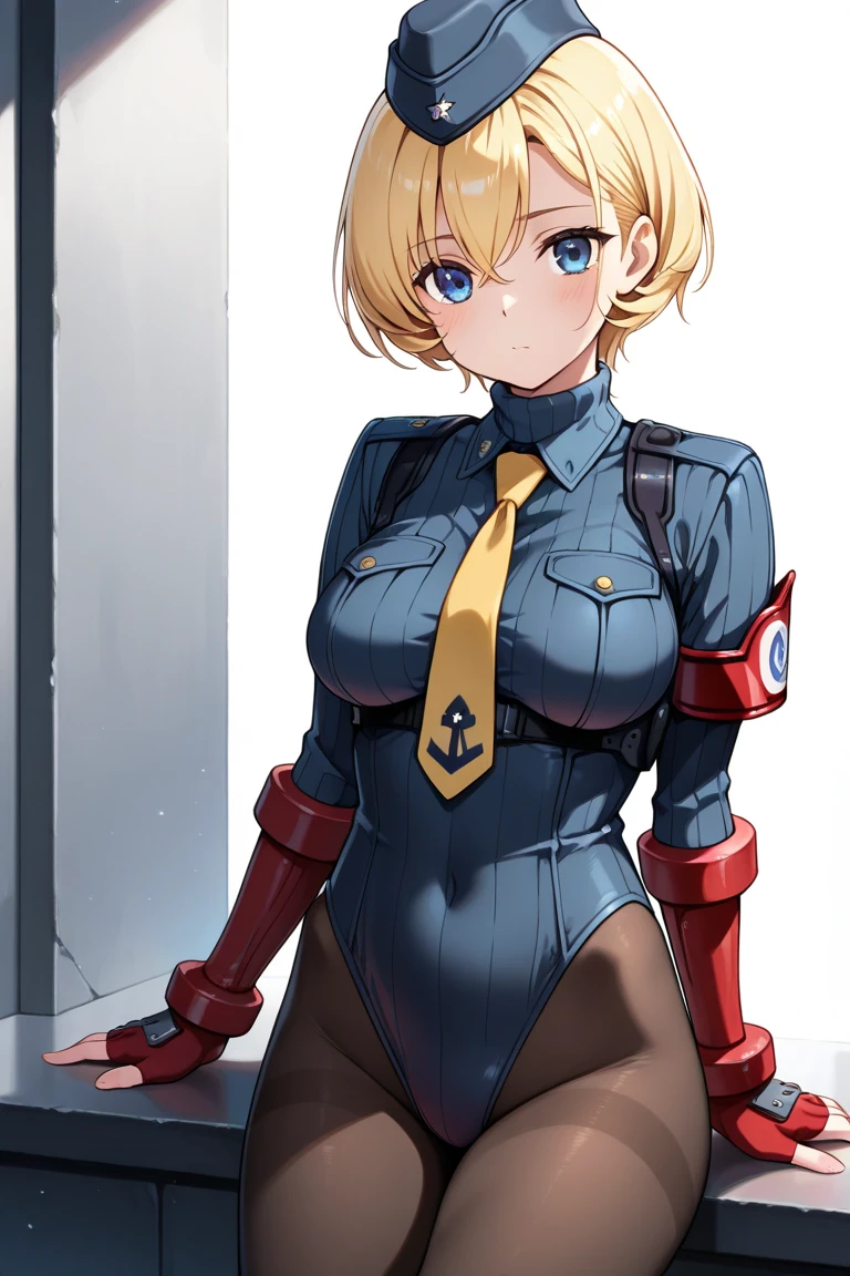 ultra-detailed, Explicit, Beautiful body, Beautiful Nose, Beautiful character design, perfect eyes, perfect face, ultra highres, 4K, beautiful legs, perfect legs, Nice hands, Perfect hand, Masterpiece, Best Quality, Highly detailed, illustration, absurdres, street fighter, doll suit, shadaloo doll, dollsuit, expressionless, blank eyes, looking at viewer, red gloves, emotionless, black latex, corrution, mind control, female combatant, full body, hypnotized, unhappy trance, full body suit, ribbed bodysuit, both arms at side, obey, perfect female body, extremely glossy latex, hypnosis, hypnoLora, empty eyes, Mind control device, poses, submissive_pose, Slave, hat, necktie, stand up straight, standing, standing at attention, hat, necktie, belt, latex, ribbed bodysuit, thighhighs, garter belt, Fighting Stance, extending the right arm from the shoulder into the air with a straightened hand, nazi saluting, military, military saluting, salute, thigh boots, 1girl, Angol mois, keroro gunsou, dark skin, blonde hair, golden eyes, short hair