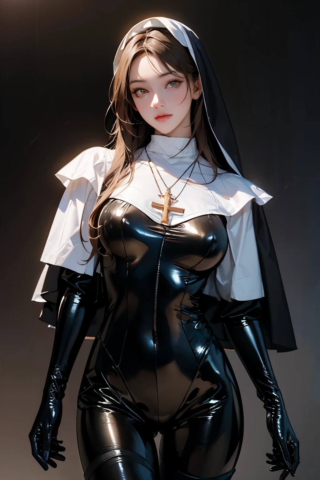 best quality, masterpiece,high resolution,extremely detailed CG unity 8k wallpaper,realistic,brown black,1 Girl,alone, from city view , stands,cowboy shooting,Lemon 0033 , bodysuit,Gloves,nun,veil, cross necklace ,(Smooth and shiny skin:1.2),(latex skin:1.2),