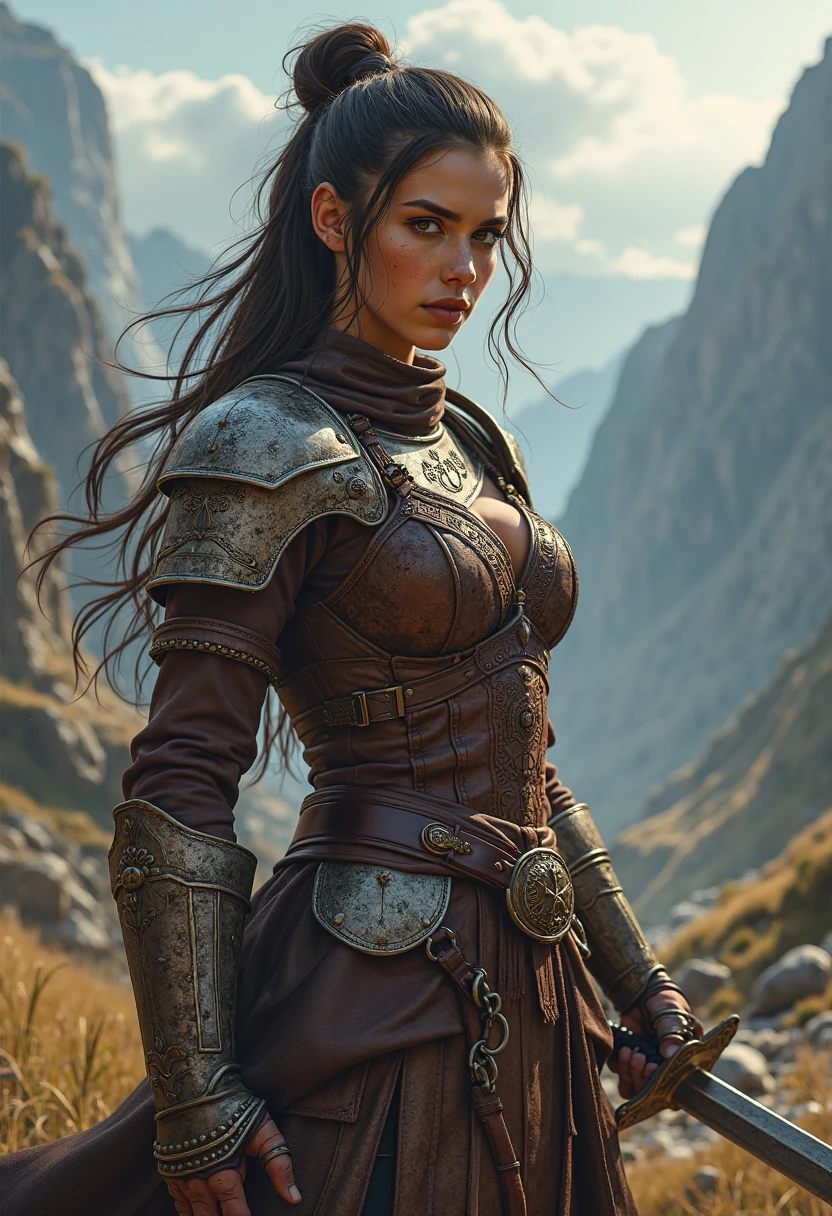 woman mage warrior, battle, hdr, photorealistic render, raw, detailed, intricate details, Craig Mullins, clear forehead, disarmed