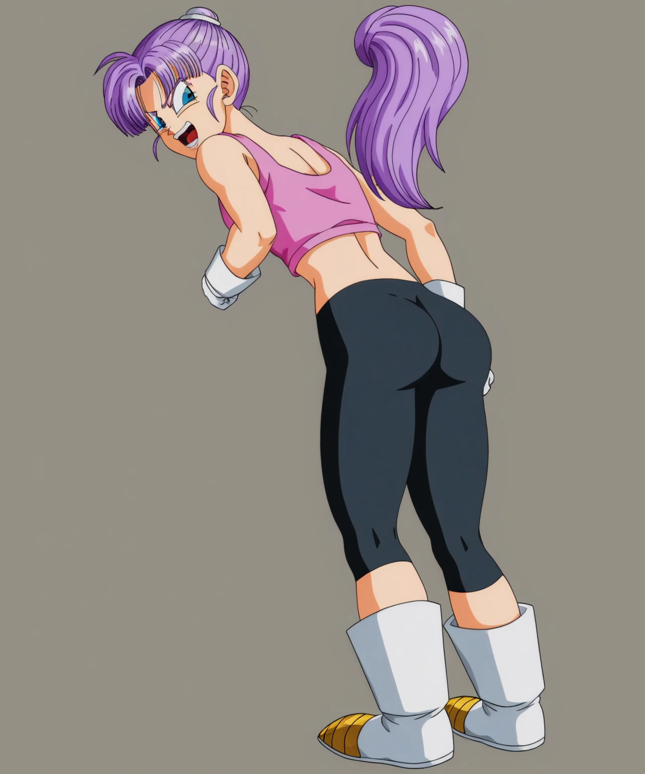 source_anime, score_9, score_8_up, score_7_up, anime screencap,8k, absurd res,
bra \(dragon ball\), big ass, thick thighs, wide hips, medium breasts, huge butt, 1girl, solo, long hair, open mouth, blue eyes, purple hair, ass, boots, looking back, white gloves, from behind, bike shorts, pantylines, hair down, (saiyan bots)
