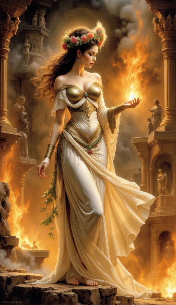 (Goddess of Art:1.4), (masterpiece:1.4, best quality), (photo realistic:1.4), ethereal and inspiring appearance, embodying creativity and beauty, dressed in flowing, artistic robes adorned with intricate patterns and colors that blend seamlessly, (hair styled like flowing brushstrokes, with vibrant hues:1.2), (((eyes reflecting the colors of a painter's palette, filled with passion and inspiration:1.2))), holding a paintbrush or palette that radiates with the colors of the rainbow, surrounded by swirling artistic elements like splashes of paint, musical notes, and sculpted forms, (background of a dreamlike studio or a cosmic canvas filled with abstract shapes and vibrant colors:1.2), (soft, warm lighting that enhances her creative aura and the dynamic art around her:1.4), (elegant and graceful pose that conveys her mastery over all forms of art:1.2), rich textures, vibrant and dynamic colors, (bold reds:1.2), (golden yellows:1.2), (deep blues:1.2), (dynamic composition with flowing lines and a sense of creativity and movement:1.2), high-quality and detailed, (awe-inspiring and imaginative atmosphere:1.2), artistic and captivating, perfect image quality, symbolizing creativity, beauty, and the limitless potential of art, captivating and inspirational presence

