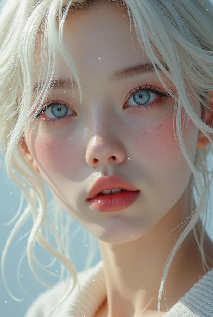 photorealistic, high resolution, 1 women, solo, hips_up, hips up, beautiful eyes, look at viewer, close lips, detailed face, white hair, long hair, micro bikini, thong