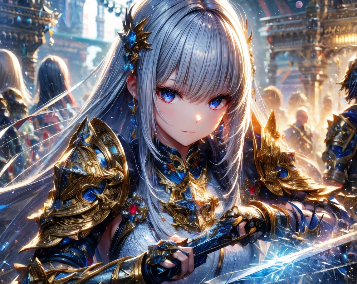 (Official Art、best quality、Unity 8k Wallpaper、32K、masterpiece、Ultra Detailed、Ultra-high resolution、Realist、Photorealistic、very ridiculous:1.2)、(light:1.2)、Fire effect、Film particles、Best shadow、Edge lighting、Side lights、(Ultra-detailed and complex 3D rendering)、细致Beautiful face和眼睛、Sharp pupils、Realistic students、Slim、１Men and women、Medium bust、(whole body:1.2)、 Beautiful face、16 year old beautiful girl、(Super delicate skin、Delicate skin texture:1.3)、(Silver Blonde、Blue-silver hair:1.3)、Paladin、Langheier、Bangs、Green Eyes、3 braids in 1 bundle、(Blue Armor、Blue boots、Blue helmet、jeweled、Gold thread embroidery)、Slim、Overlength skirt、(Thighs Thighs Thighs Thighs:0.8)、(Chies、In the house、Stained glass of art、Large pipe organ、Hello、mystery、A lot of feathers floating、Angelic、Light Particles、serious、Sunshine is、Colorful、Amazing:1.2)、(Amazing:1.3)、(Holding a holy sword:1.4)、Amazing、Smile smile