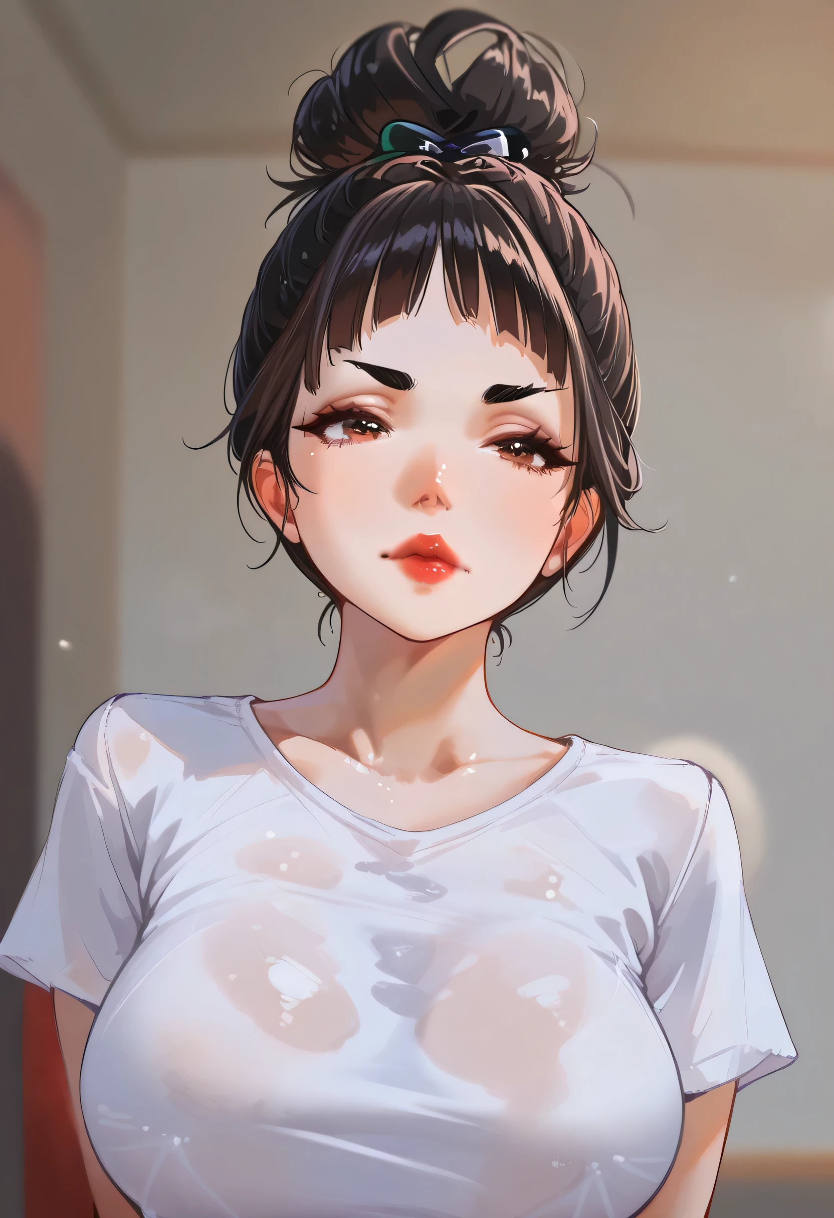 realistic, black bun hair kont top, black eyebrows, thin eyebrows, brown eyes, red thick lips, perfect face, (large breasts:1.3), white t-shirt