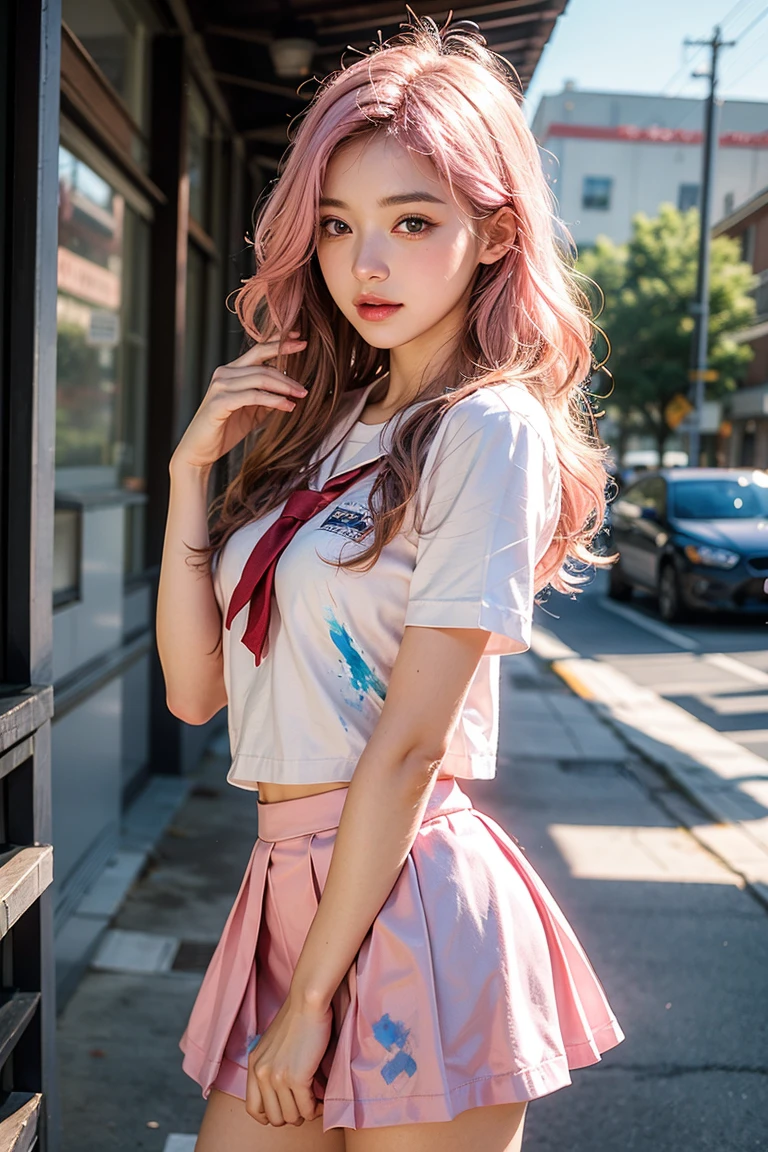 (huge breasts), (18 years old), (Very small head), Daylight, Sunlight, (Perfect Body:1.1), (short hair, wavy hair, dark brown hair, pink and blue streaked hair), ((FullBody)), (8K), (extremely delicate and beautiful), (MasterPiece), (Best Quality:1.0), (realisitic), Realistic Shadows, (High Resolution:1.0), Detailed skin, Ultra-detailed, Slim body, (Beautiful hair, Real Hair, detailed hairs), blush, Photorealistic, Realistic face, Realistic eyes, Small eyes, Happy smile, (((Colorful))), (eye liner), (mascara), (eye shadow), (high school uniform, pink blouse, light gray skirt, pleats skirt, black over knee socks), looking at viewer, back view, from behind,