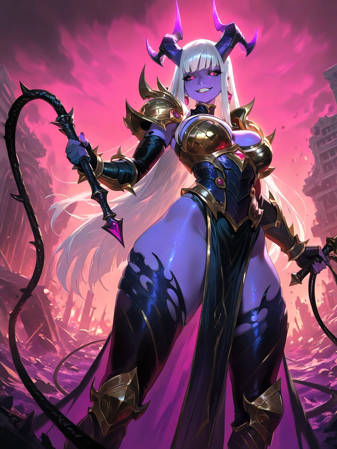 (1girl) (digital) (in detailed convention, (horns, armor, colored skin, monster girl, demon girl, tentacles, claws, despair purple eyes eyetype)) , best quality, <lora:boldline:0.2> <lora:hairdetailer:0.2> slaanesh <lora:slaanesh:1>