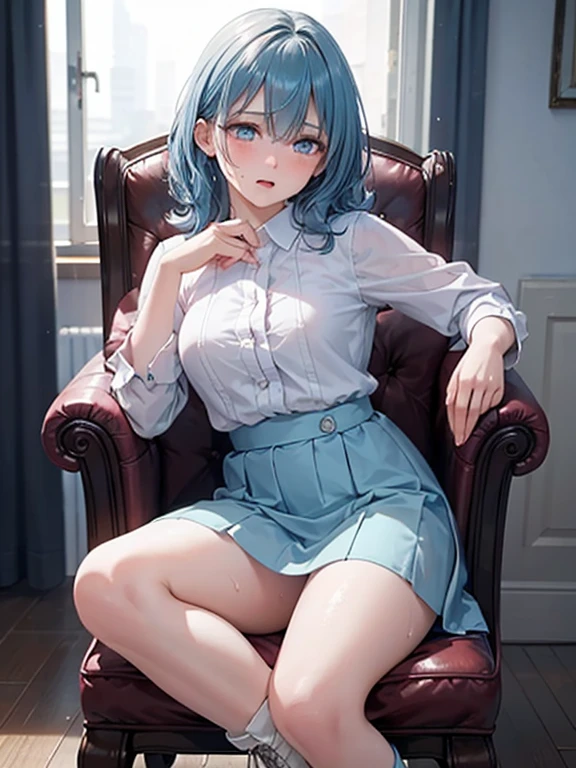 blouse、skirt、private teacher、In the childrens room、Sitting on a chair、Open your chest to seduce、Open your mouth and stick out your tongue、Ecstasy face、 (best quality), (intricate details), unity 8k wallpaper, ultra detailed, beautiful and aesthetic, perfect lighting, (1girl), (blue hair, blue eyes, medium breasts),, dynamic pose, dynamic angle, lipstick, slim, slim body, medium breasts, , detailed background, realistic, solo, perfect detailed face, detailed eyes, highly detailed, blush,