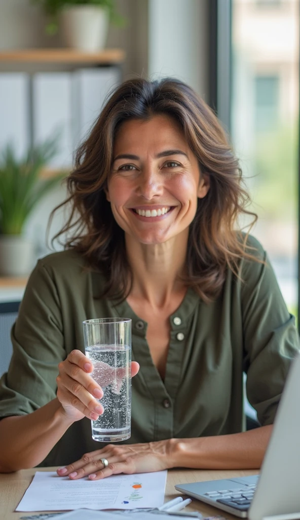 40-year-old brunette woman without an erotic appearance, in blue blouse, drinking a glass of very cold water.


