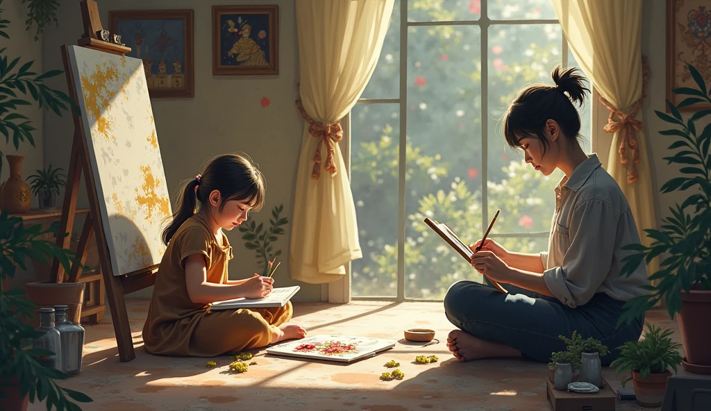 An artist drawing with their childlike form behind them