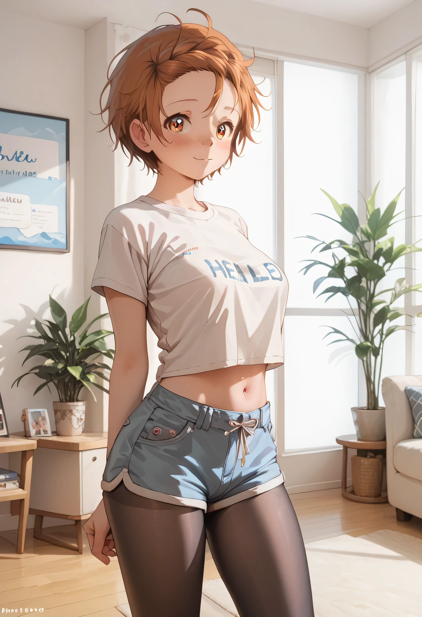 An image of Yuitsuka Inori with flat, flushed breasts, with a white t-shirt , blue shorts and black tights standing saying hello in a room
