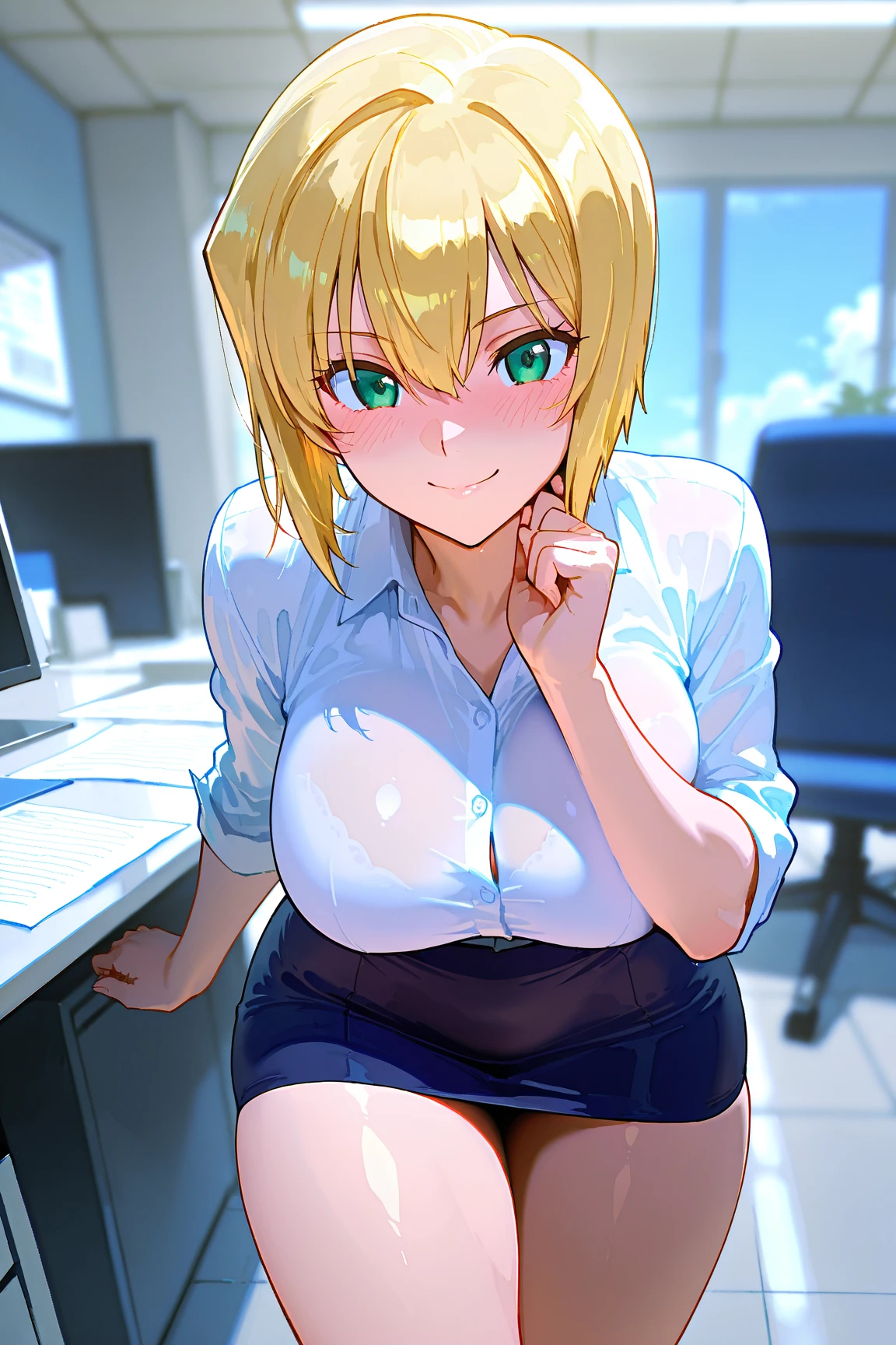 Erasa, sweet smile, blonde hair, black eyes, big breasts, black skirt, white shirt, pantyhose, office lady, cleavage, sitting, looking at viewer, earrings, blush, at office