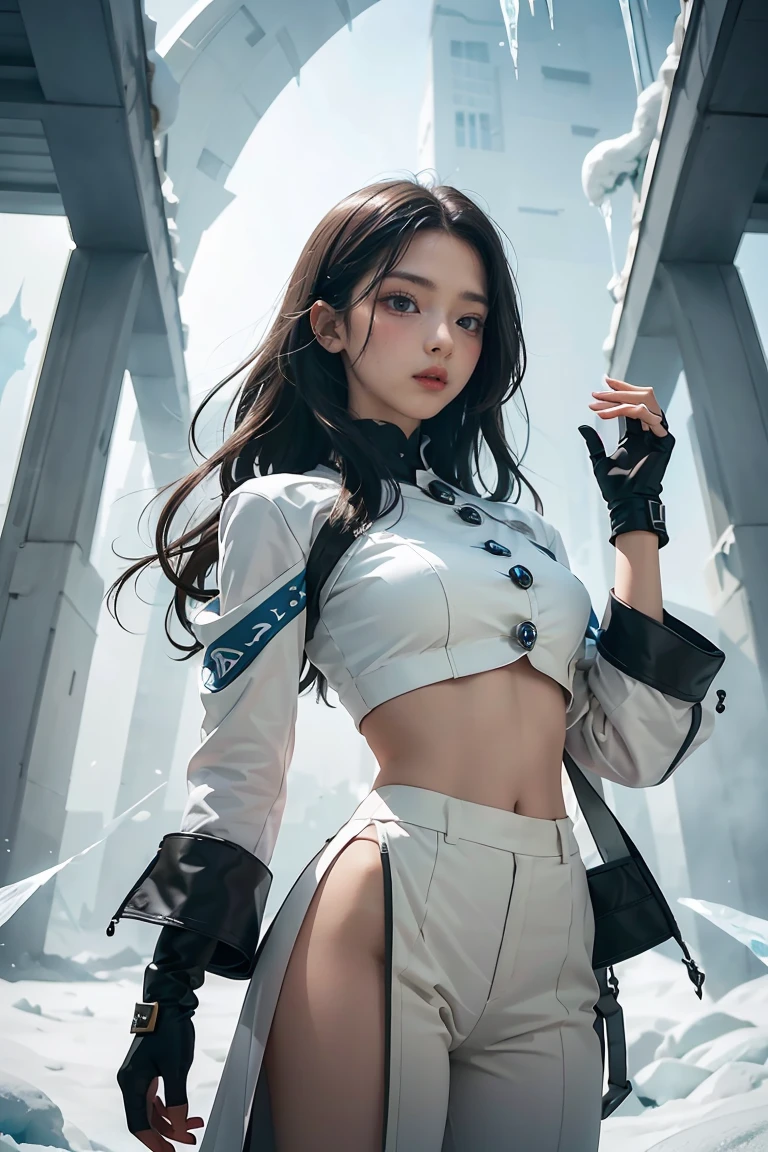 Create a highly detailed 3D rendering of a character named Ulc from SEGA's PSO2. The character is an elf-like female with pointed ears and long, straight, dark red hair. She wears a futuristic, military-style uniform with gray and white colors. (small military garisson cap), The uniform includes a fitted jacket with intricate white designs, shoulder epaulets, and a skirt. She has a serious expression and is depicted with one hand near her ear as if she is communicating through a device. (shiny skin)