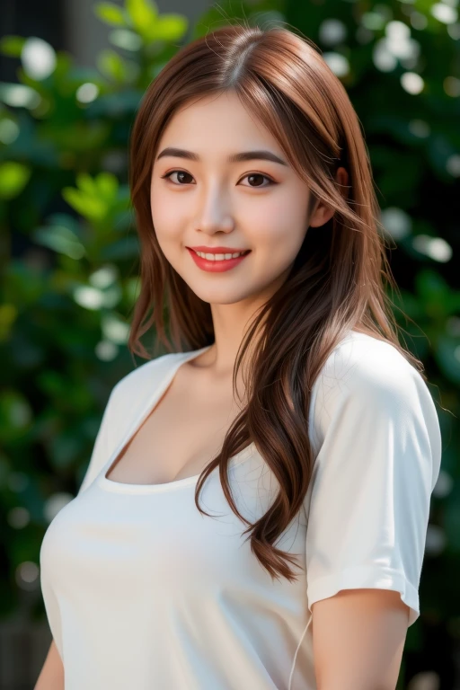 extreme close-up of beautiful beautiful korean female, 34 inch breasts size, wearing  orange pattern v-neck t-shirt, holding parrott, bokeh background, cinematic scene, UHD 
