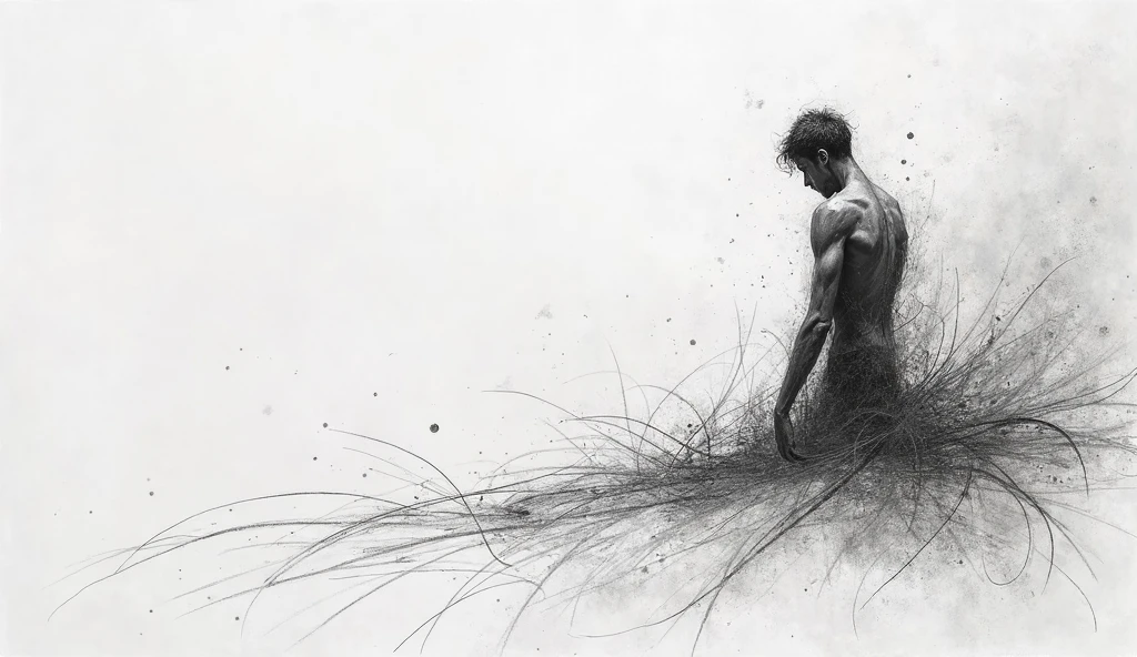Abstract line drawing showing the helpless depressed man who is silent inside but lot of thoughts going inside his head