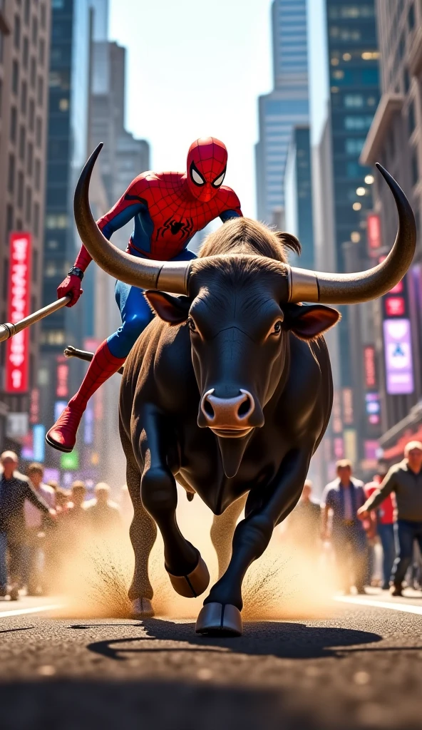 Spiderman cow standing still on the wall, one hand on the wall, eyes looking around.Spider-Man flies between buildings using webs, natural winding through the air.