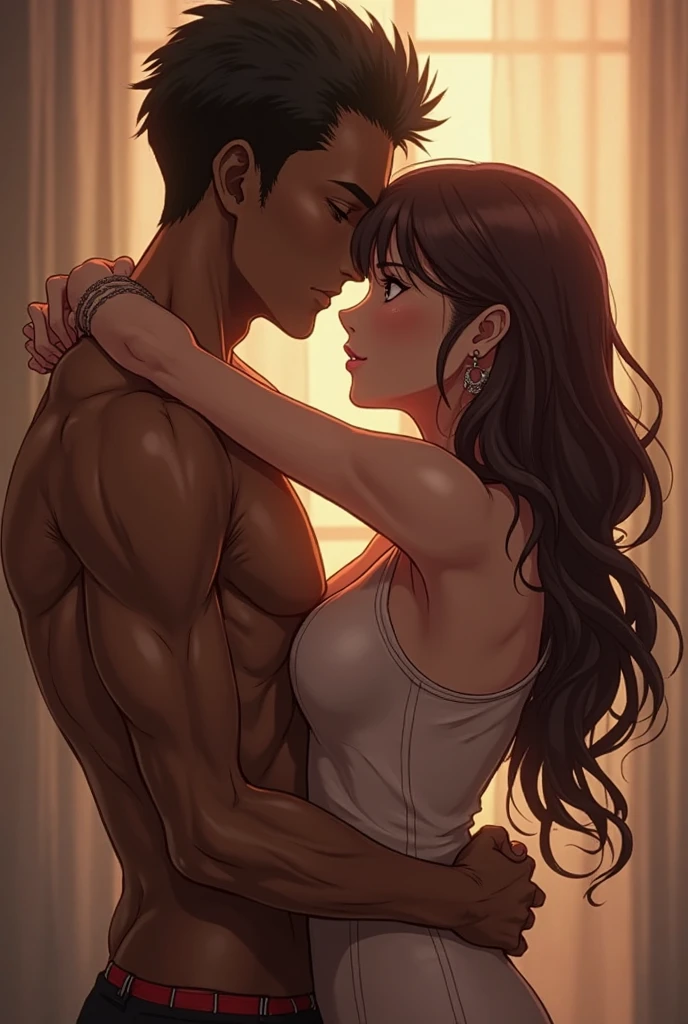Messy black haired man without beard hugging long brown haired girl in gym 
