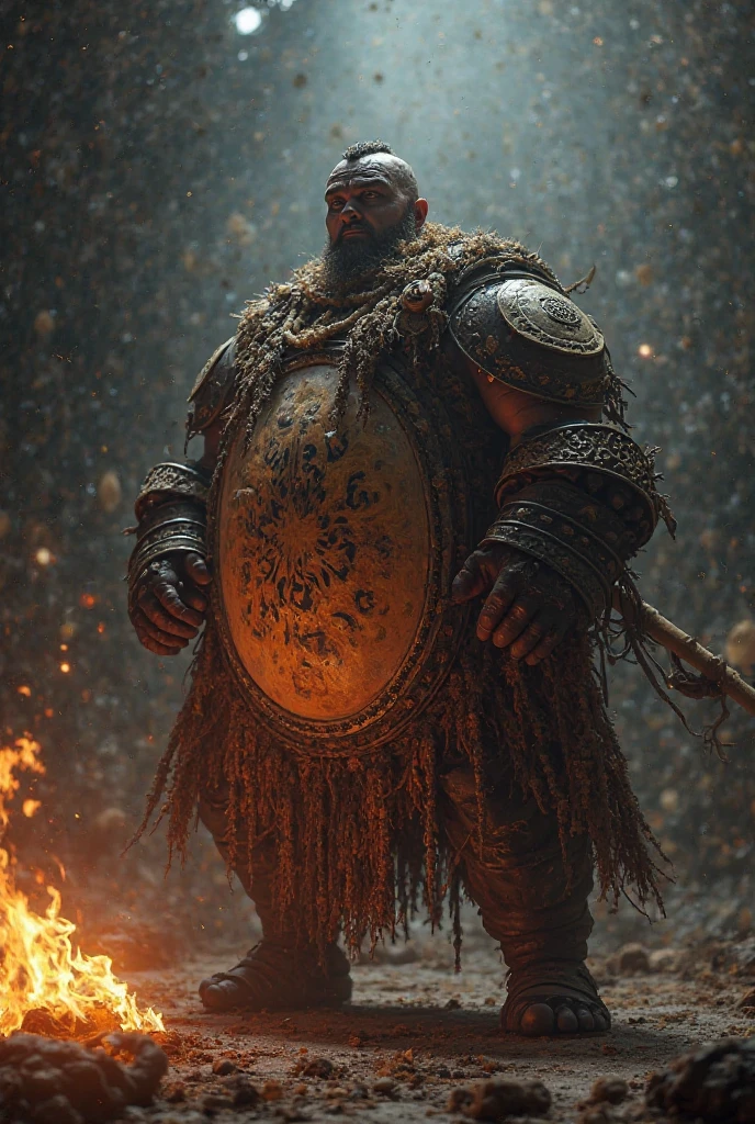 Tall, slightly overweight, strong warrior with scars, tattoos, small beard and full armor