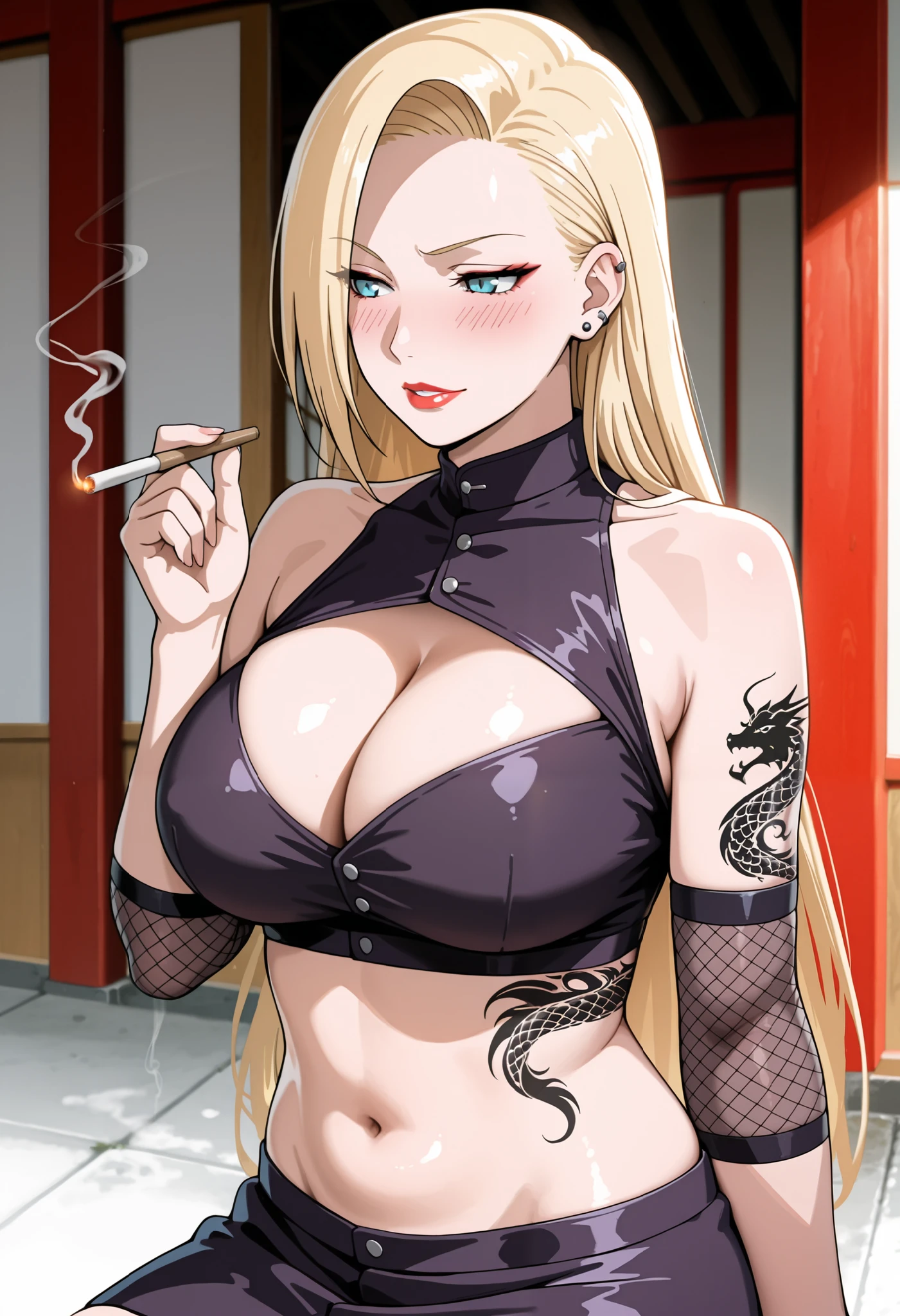 InoLongHairShipuuden, 1girl, , ear piercing, long hair, blush, lipstick,Hot girl, baddie, smoking, sensual, attractive, midriff, blonde hair, , large breasts, fishnets, blue eyes, crop top, bare shoulders, navel, skirt, groin, , evil expression, exposed belly, exposed navel, exposed midriff, exposed lower belly, bellybutton , cleavage,, japanese architecture, temple, ,dragon tattoo, narrowed eyes, tattoo midriff,