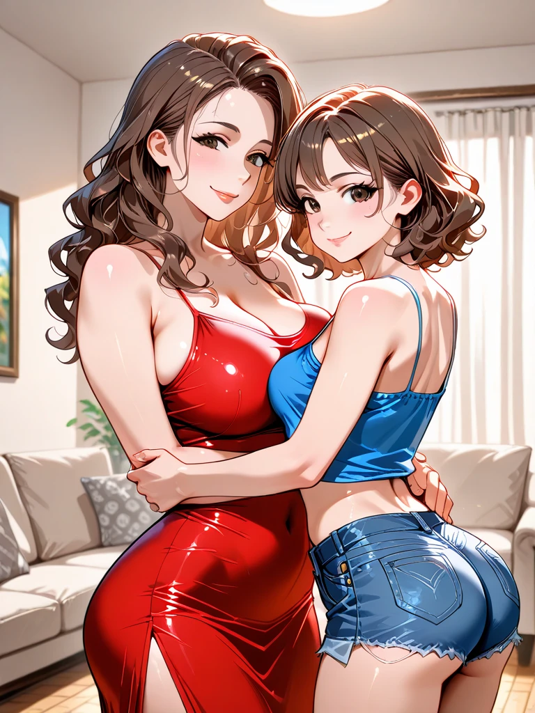 a two headed fully clothed with massive breasts brown curly haired very fat transgender girl in a tight bikini top and sweatpants showing the shape of her large phallus. One head is asking the other head if they can masturbate for the first time, both heads are looking away in embarrassment. Her second head has her hand down her pants to touch her large male genitalia as both heads try to ignore each other uncomfortably as one head begins masturbating her penis under her pants.