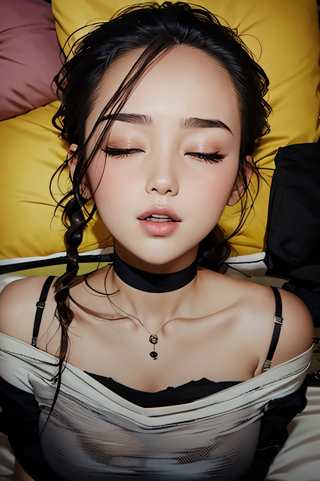 Sexy woman, hair, single braid, long forehead, eyes closed, lips parted, deepest blush, flustered, lustful, off shoulder t shirt and short shorts, lying on bed, very seductive, aroused, head on pillow, facing up