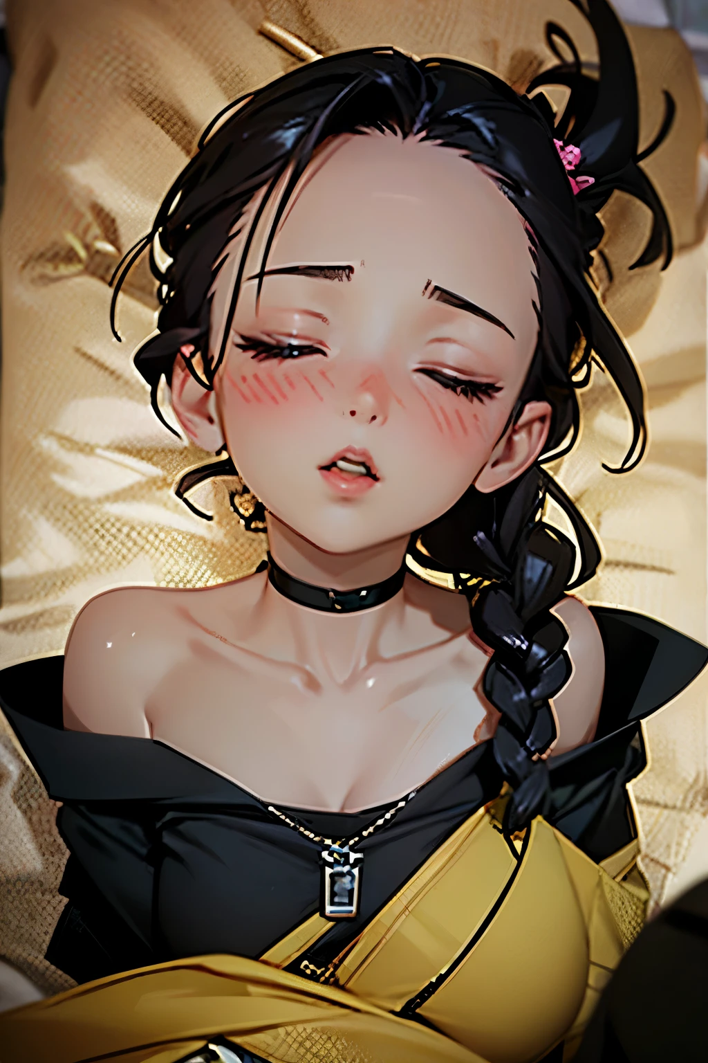 Sexy woman, hair, single braid, long forehead, eyes closed, lips parted, deepest blush, flustered, lustful, off shoulder t shirt and short shorts, lying on bed, very seductive, aroused, head on pillow, facing up