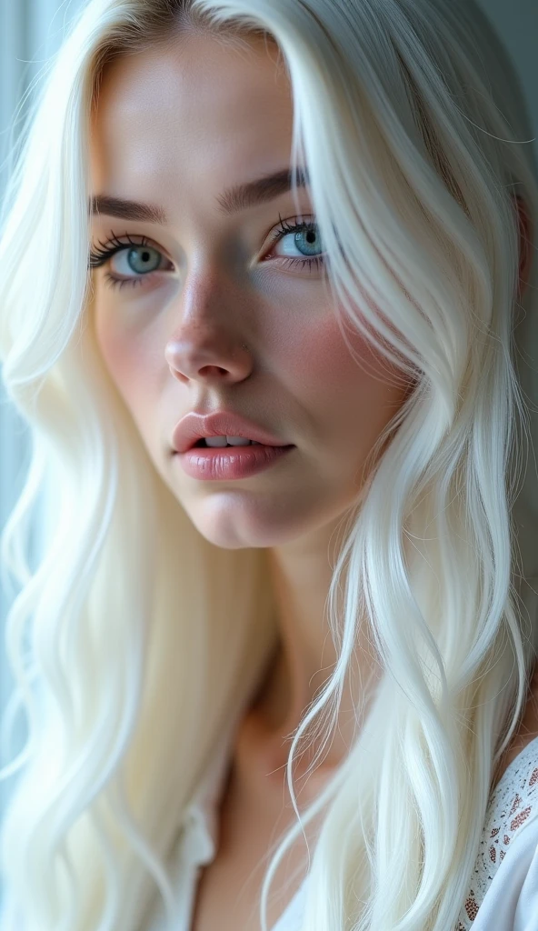 gere foto de Beautiful young woman with pale skin, baby blue eyes, long straight white hair, selfie making a cute pout, light pink makeup, inspired by bernini