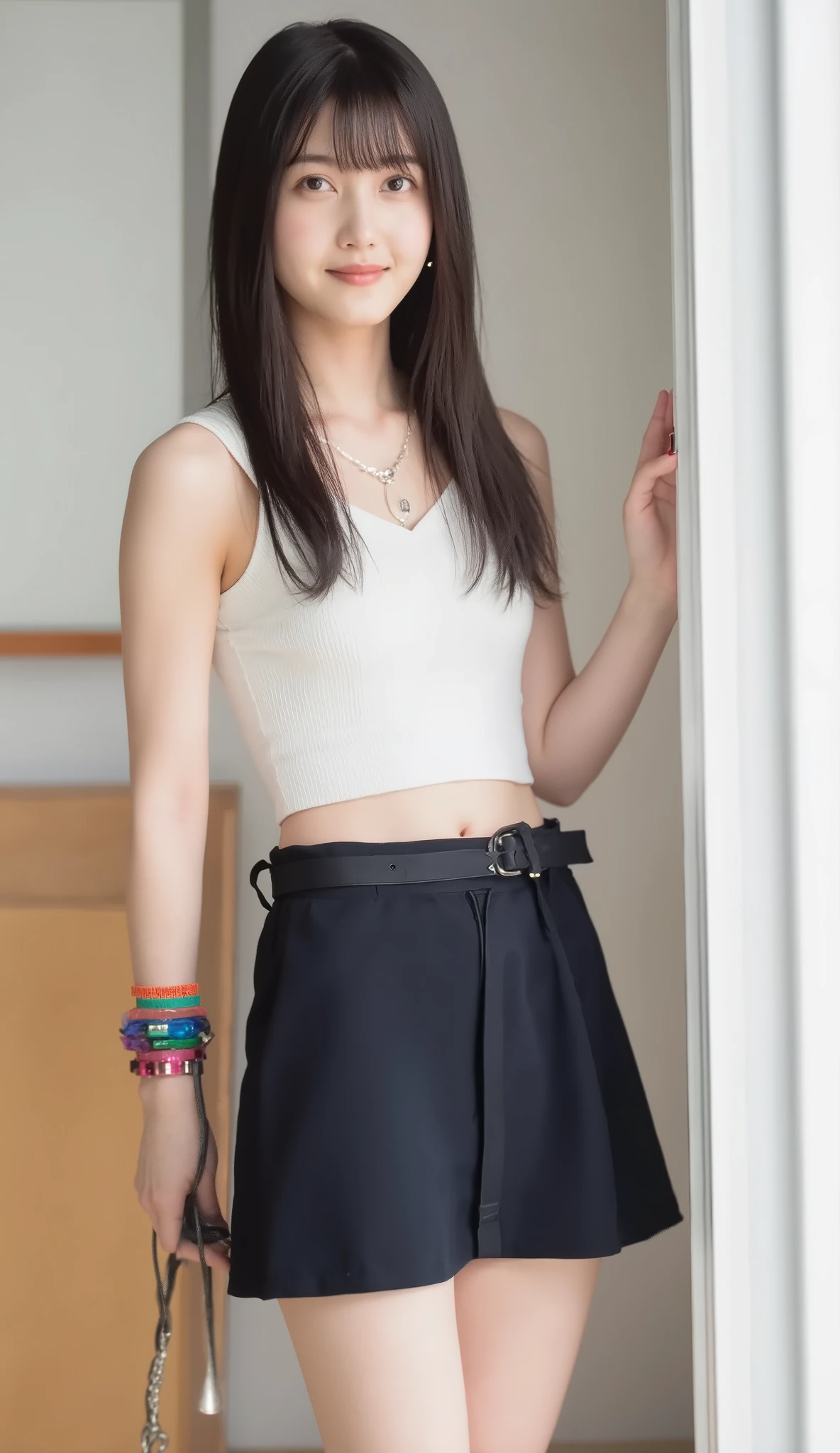 best quality, 8k, masterpiece, Ultra High Resolution, (photorealistic: 1.4), RAW photo, ( brown hair 、Bright and long hair ), (wearing knit strap tanktop, micro skirts), (Tied at the waist:1.3), slim abs: 1.1, (((Standing leaning forward in the classroom、open your legs ))),(((Breasts))), ((necklaces, colorful bracelet , x Hair Ornament):1.2),solo, ((full body:1.4))