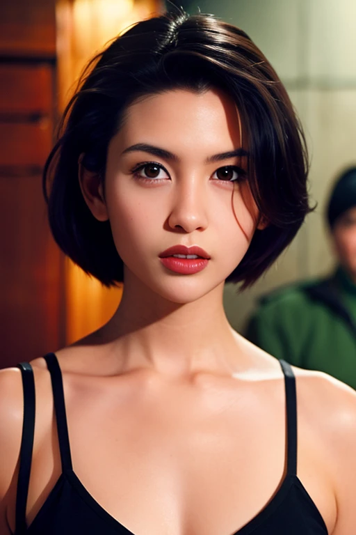 (highest quality,8K,masterpiece),
lipstick, written boundary depth, looking at the audience, Glossy skin, counterpoint, female focus, model, (huge breasts:1.3),Naughty face is cool, perspective, Highlighting high-quality fabrics,
beautiful young woman, pixie cut, Tank top, leaning forward, big breasts,