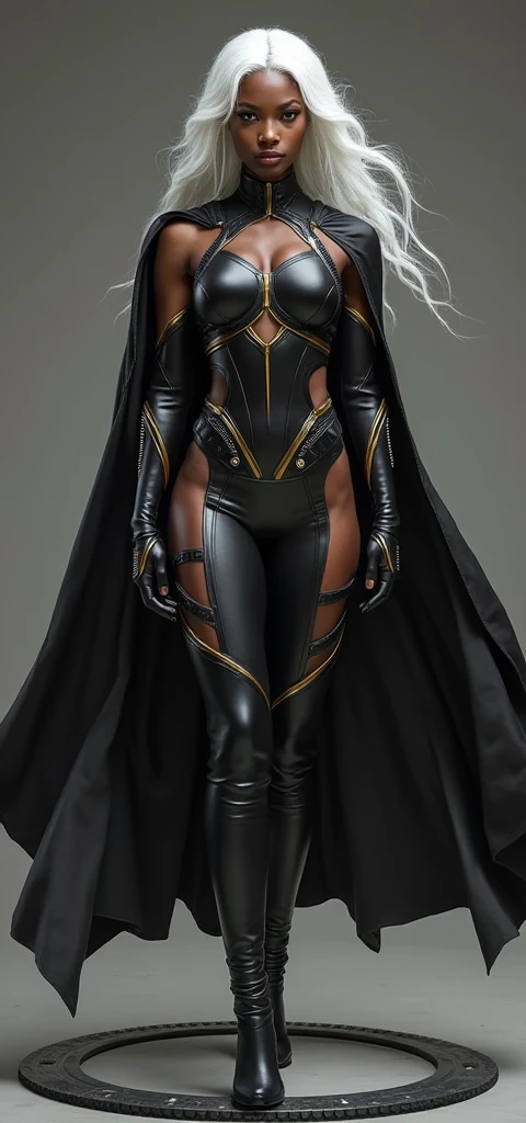 Thicc beautiful black woman with long hair wearing minimal revealing matte black armour,  arm and shin gauntlets, revealing breastplate and groin armour with long silk cloth barely covering the middle of her privates and partially covering her buttocks  and armor plates covering the side of the hips