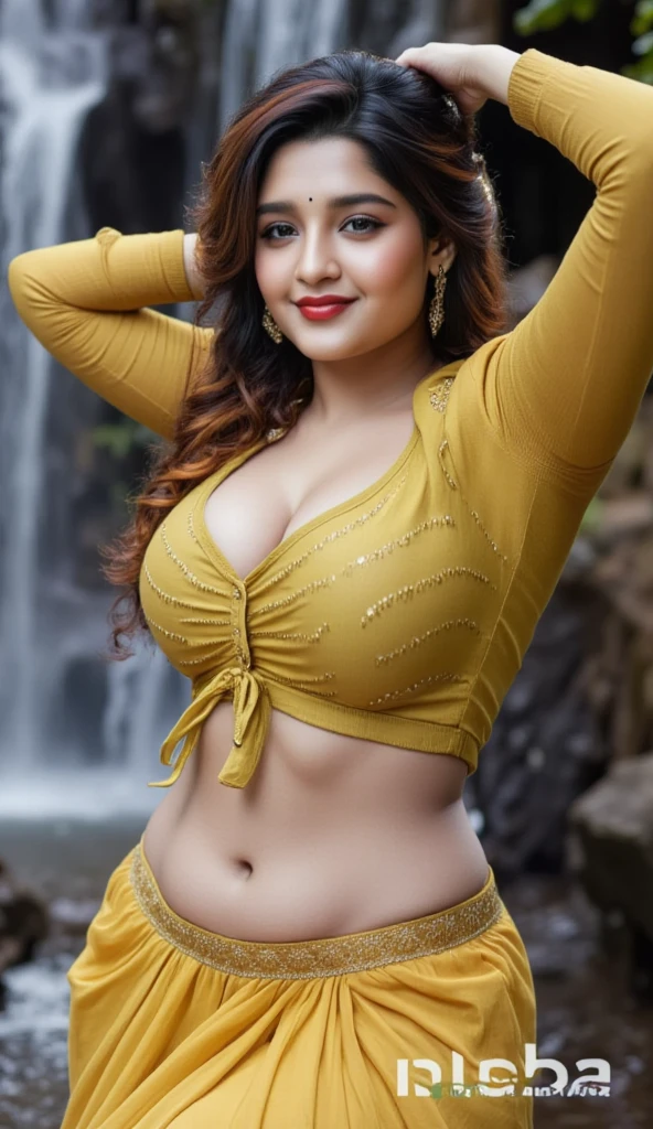 Make it real, realisitic, bengali indian beautiful chubby women, (as actress Srabanti Chatterjee, as actress Srabanti Chatterjee), beautiful  face, Looks good, goddess beauty, crystal clear image, natta ((night adventure, Model with flashlight, exploring the jungle at night)), dressing ((random colored dress, yellow fitted top with round neck and long sleeves, skirt short, Big waist, deep and sexy navel, sex bomb, volantes)), These outfits hug your curves perfectly, intense makeup, texture skin, hyper detailled, ombre, Mascara, chest size 32, greasy skin, sexy appearance, faerie, faerie, facial makeup, lipstick, looking hot, plus size model, (as actress Srabanti Chatterjee), sexy expression, high quality makeup, beautiful eye, black brown hair, 16K, cinematic, 24 years, perfect finger, pose sexy, gazing at viewer, curved, curved, curved, flegs, deep neckline sexy navel, deep neckline sexy navel, deep neckline sexy navel, View from head to toe, Model crouching next to a stream, lantern light reflecting on the water.