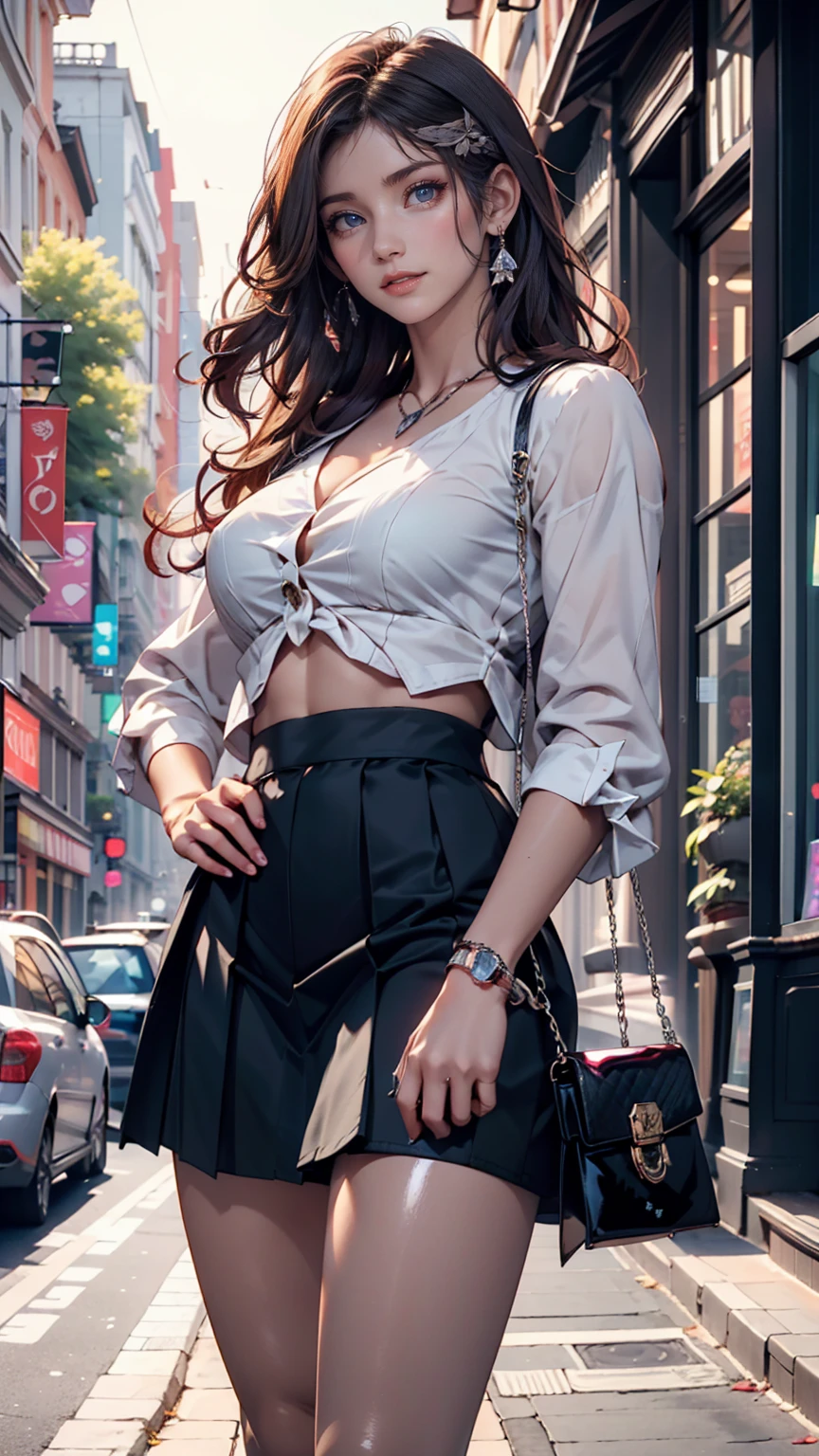 (RAW shooting:1.3, Photorealistic, 16k, highest quality, masterpiece, Ultra-high resolution), Highly detailed skin and facial textures:1.2, Perfect dynamic composition:1.2, (Modern city street corner at night, Expressions of sadness:0.7), Slim schoolgirl:1.0, Fair skin, Sexy beauty, Perfect Style:1.0, beautifully、aesthetic, Very beautiful face:0.5, (Linen pants:1.0, Sleeveless blouse:1.0), Woven Belt, (Shapely breasts, Chest gap), (Big eyes that exude beautiful eroticism, Lips that exude beautiful eroticism), (Too erotic, attractive), Full body portrait, Shoulder bag, necklace, Earrings, bracelet, clock, ribbon