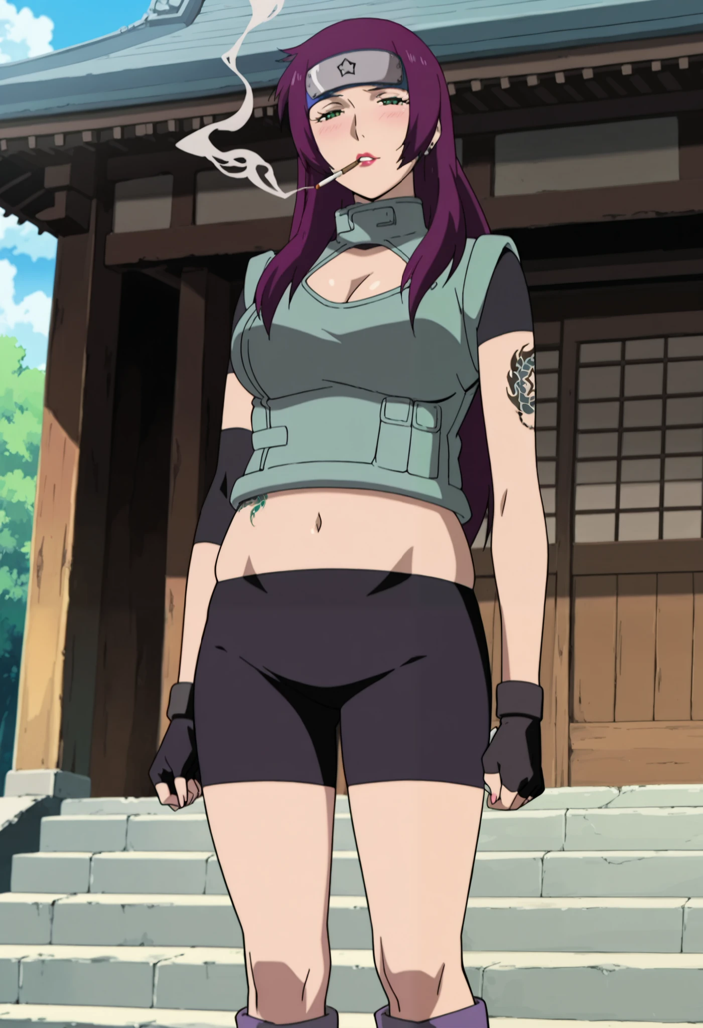 anime coloring, anime screencap, masterpiece, best quality, amazing quality,
outdoors
mature woman, 1girl, solo, long hair, green eyes,, purple hair,
fingerless black gloves, light green vest, black bike shorts, forehead protector, konohagakure symbol, boots,
, ear piercing, long hair, blush, lipstick,Hot girl, baddie, smoking, sensual, attractive, midriff, , evil expression, exposed belly, exposed navel, exposed midriff, exposed lower belly, bellybutton , cleavage,, japanese architecture, temple, ,dragon tattoo, narrowed eyes, tattoo midriff,