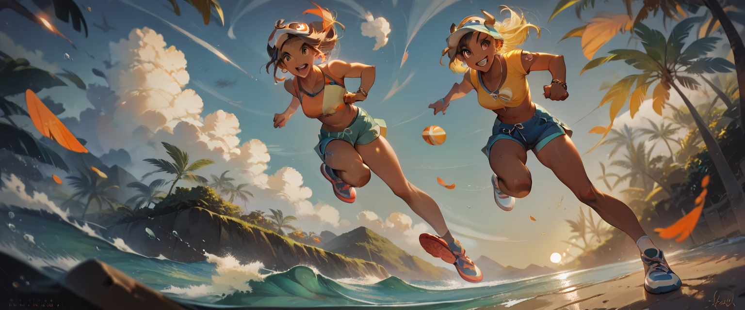 Masterpiece, best quality, 3 bodybuilding girls in surfing, clouds, sun, clean blue sky, smile, having fun, sunglasses