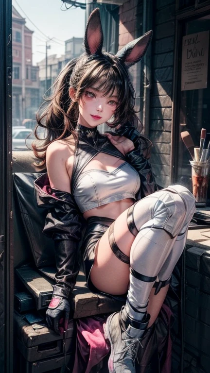 Full body photo oF 23 year old European girl with boyceo, beautiful woman, semi-open strawberry lip, dimples, sedutice expression, (extra long wavy brown hair), pale skin, ((cyberpunk megacity environment at night)), (color fresco), camera pose, ((short black latex skirt)), tough boy style, ultra focused face, intimidating, smiling, short and messy hair, muscles (( oFF-shoulder crop top)),posing provocative, cameltoe, sitting with legs spread, longing gazing hungy sexy facial expression, arms behind head, hands not visible
