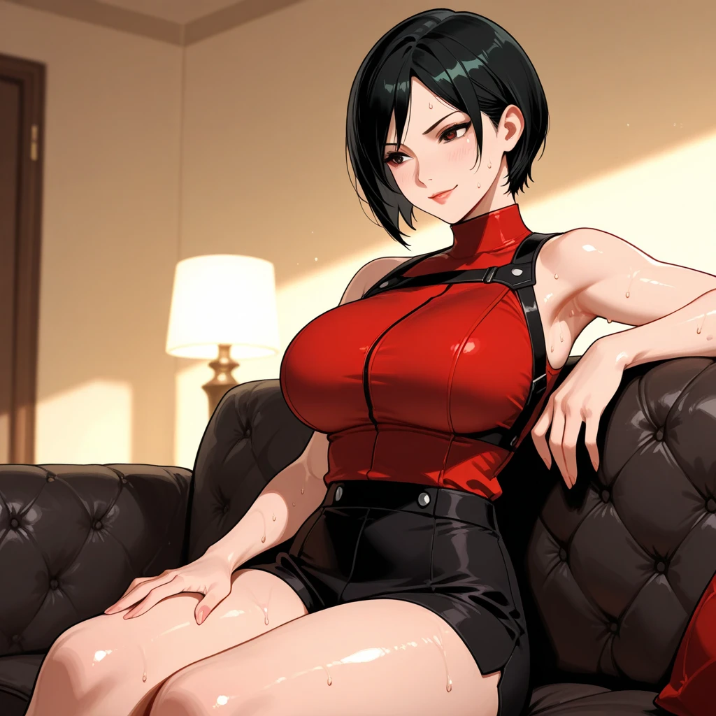 Red knit、Black Hair、Shortcuts、Large Breasts、24-years-old