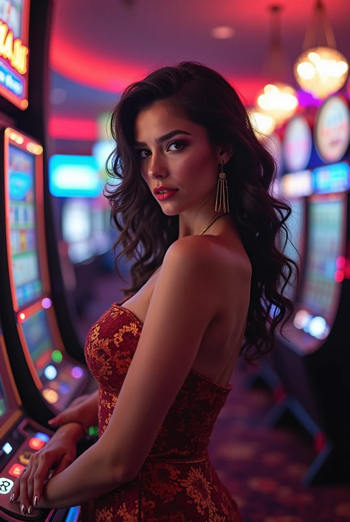 1 woman playing slot machines in casino, beautiful detailed face, detailed eyes, beautiful detailed lips, casino interior, many slot machines, warm lighting, vibrant colors, (best quality,4k,8k,highres,masterpiece:1.2),ultra-detailed,(realistic,photorealistic,photo-realistic:1.37),professional, intricate details, dramatic lighting, vivid colors, casino atmosphere, slots in focus, woman engrossed in game, immersive environment, cinematic composition