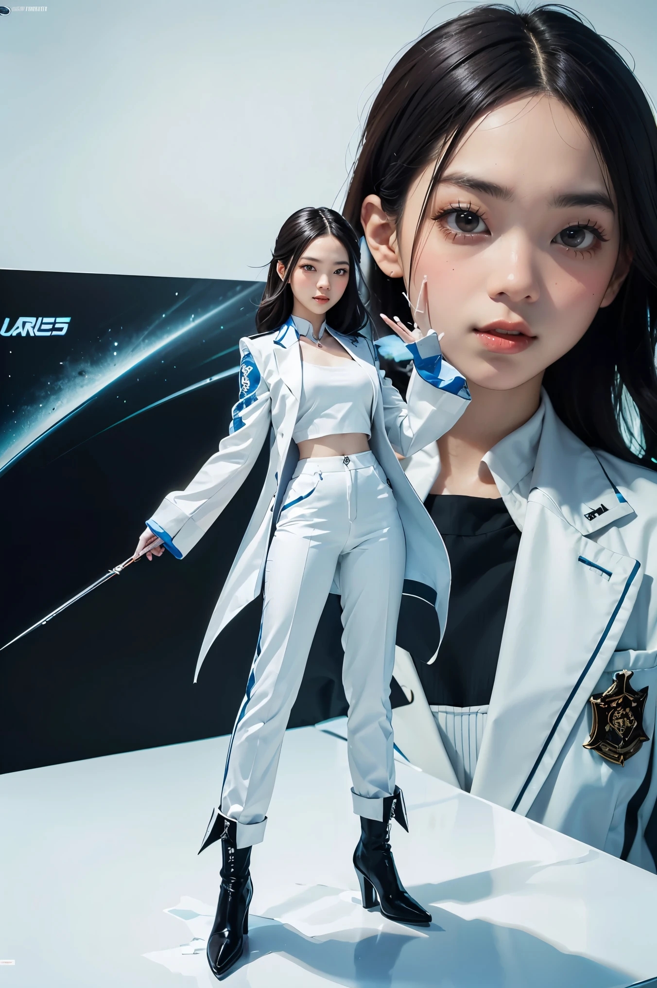 A petite and elegant woman attired in a white suit exhibits a calm and confident demeanor, standing at approximately 5 feet 2 inches tall. She possesses shoulder-length black hair that gracefully frames her face, complemented by almond-shaped eyes and a soft, radiant complexion. Her ensemble includes a sleek combat outfit, consisting of a white suit and trousers, characterized by icy blue and white tones that signify her proficiency in ice magic. Frost patterns embellish her sleeves and boots, as she summons sharp icicles suspended in mid-air, with her hands emanating a frosty aura.
Additionally, she embodies the essence of a translucent, ethereal alien warrior, portrayed in a model shoot style, featuring extremely detailed computer-generated imagery unified in 8K resolution. This representation showcases the beauty of abstract stylization and surrealism, rendered in super detail to ensure the highest quality. The anatomical accuracy is emphasized in a striking 16K resolution, delivering an exceptional level of detail.